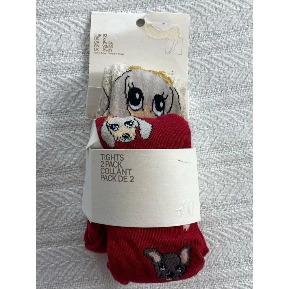 H&M GIRL’S 2T CHRISTMAS 2 PAIR CUTE DOGGIE TIGHTS
